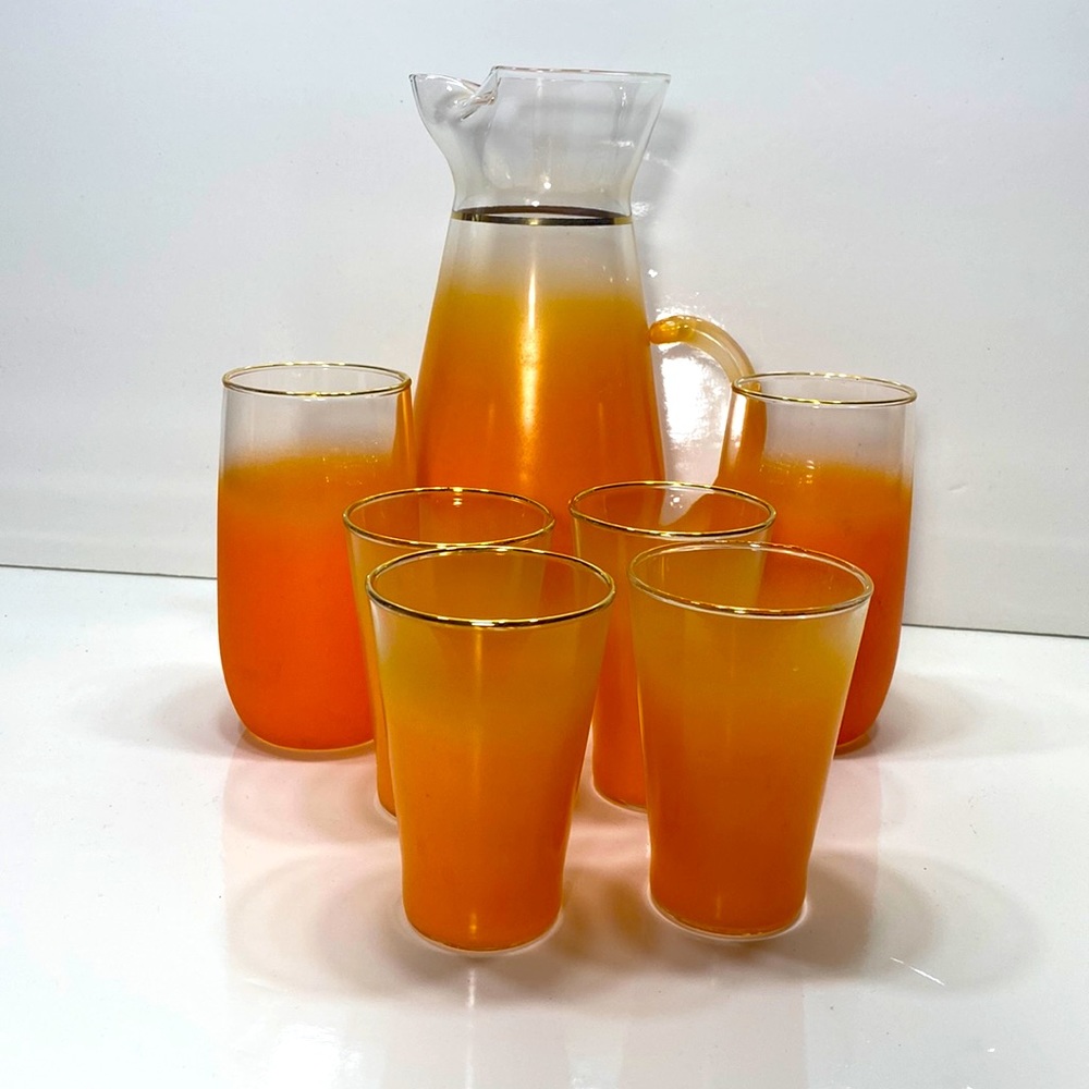 Blendo Orange Cocktail Pitcher and 6 Orange Glasses Mid Century Barware